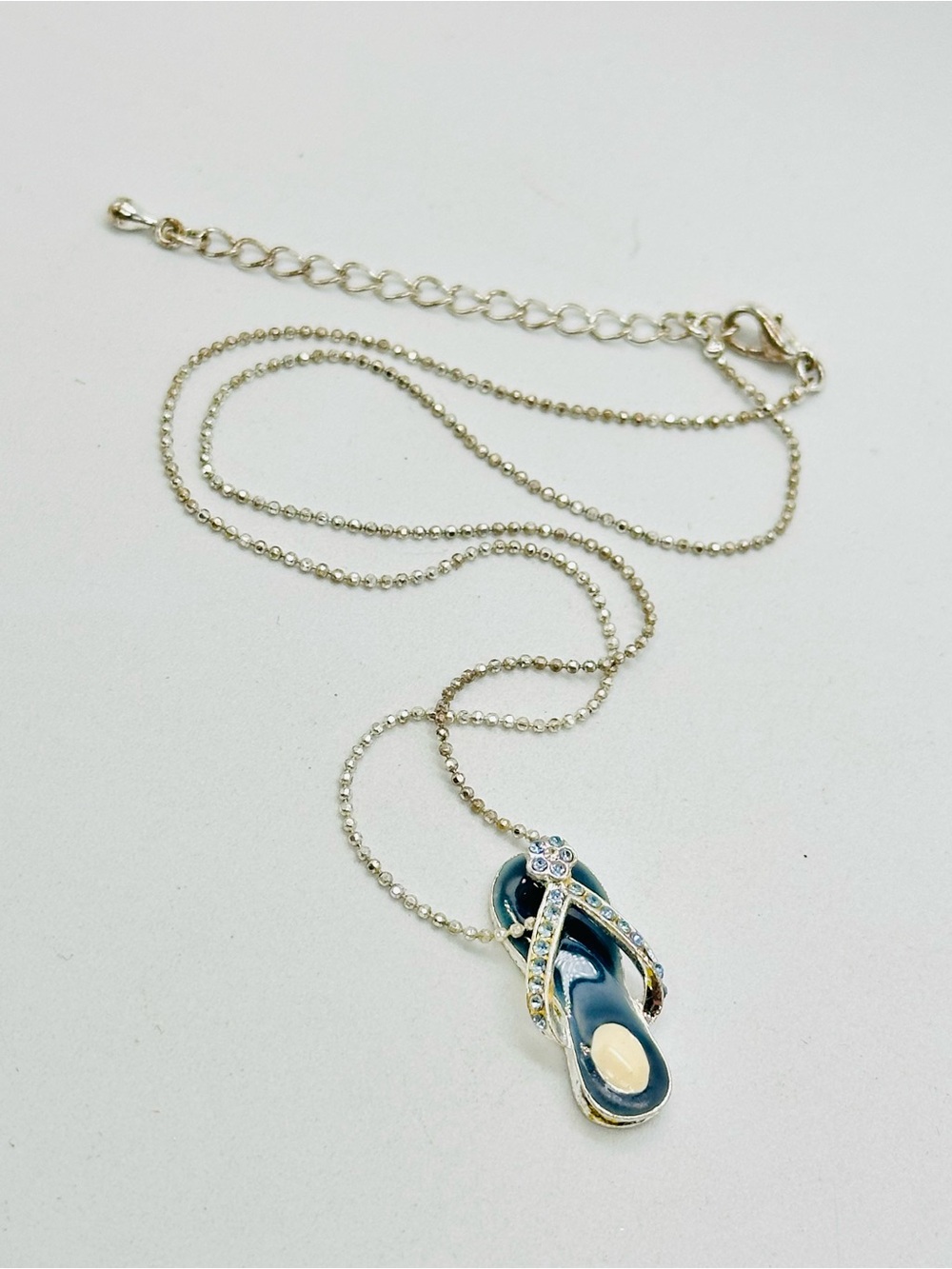 Silver Tone Blue Flip Flop Pendant Necklace Rhinestone Delicate